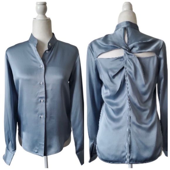 NWT RtA Blue Satin Twist Back Banded Collar Long Sleeve Button Up ShirtXXS